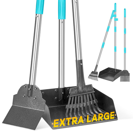 Pooper Scooper and Adjustable Long Handle Dog Pooper Scooper with Spade Shovel, Tray & Rake for Lawns Heavy Duty, Stainless Metal Large Medium Small Pet Supplies on Grass Dirt or Gravel.