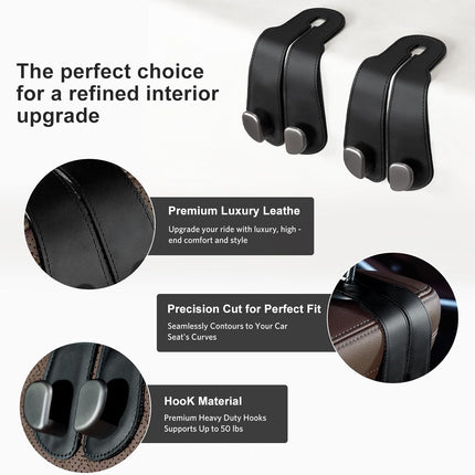 CoBak Purse Hook for Car - Universal Premium Stitched Leather and Aluminum-Magnesium Alloy Double Car Seat Back Storage Hook for Purses, Handbags, Bags (4 Pack),Black