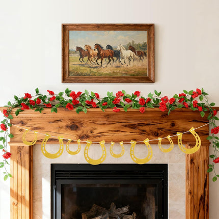 Epakh Derby Garland Gold Horseshoe Banner Horse Hoof Birthday Banner Glittered with Artificial Roses Flowers for Derby Party Decoration Western Themed Cowboy Wedding Supply Pre-Strung