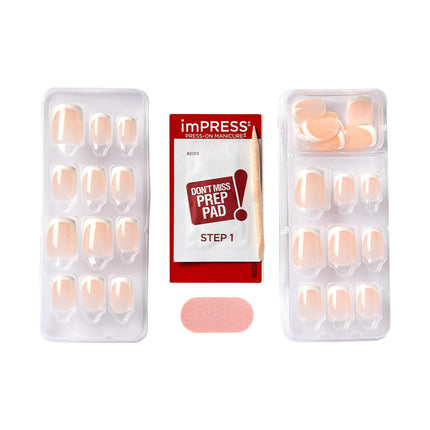Kiss No Glue Mani Press On Nails, Model, Classic French Manicure Kit, 30 Light Neutral + White Tip, Short Squoval, With IMPROVED Adhesive, Includes Prep Pad, Manicure Stick & Mini File