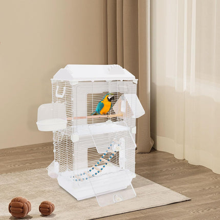 Two-Tier Bird Cage, 30 Inch Pigeons Parrot Birdcage with Safe Rotary Door Lock, White Parakeet Cage for Small to Medium Birds, Easy Access Double Doors. (C)