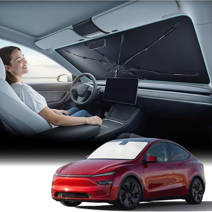 Nmoiss Windshield Sun Shade Umbrella [Vinyl Coating Heat Shield] Fit for Model Y 2020-2026 Accessories, Protect Car from Sun Rays & Heat Damage Keep Cool and Protect Interior