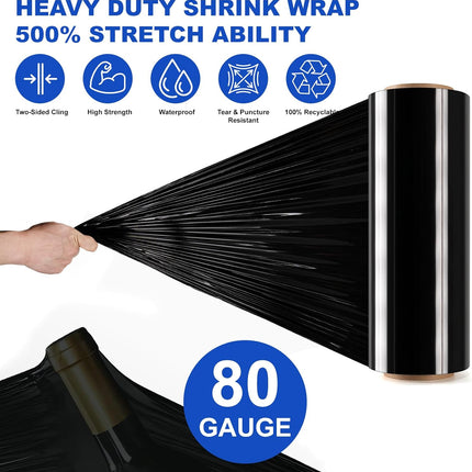 2 Rolls Black Stretch Wrap 12" x 1000 FT x 80 Gauge, Industrial Heavy Duty Stretch Wrap Shrink Film, Durable Self-Adhering for Packing, Moving, Pallet, Included Wrap Holder