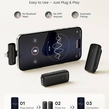 Wireless Lavalier Microphone for iPhone iPad Android with Charging Case,Lapel Mic with Noise Reduction,36H Battery Life, 135ft Range, Mini Microphone for Video Recording,YouTube,Vlog,Live Streaming