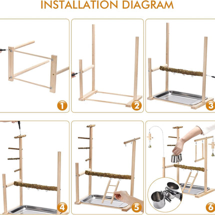 Natural Wood Parrot Playground Perch Stand with Feeder Cups, Tray, Ladder, Swing & Bells, Play Gym for Top of Cage, Cage Accessories for Lovebirds, Cockatiels, Parakeets