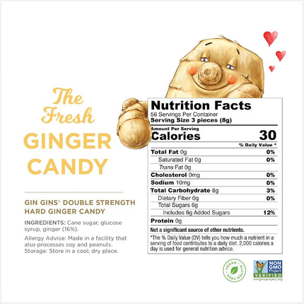 GIN GINS Double Strength Ginger Hard Candy – Natural Ginger Candy by The Ginger People – Individually Wrapped Healthy Candy – Double Strength Flavor – Large 1 lb Bag (16oz) – Pack of 1