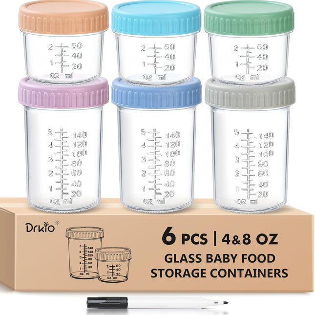 6 Pack Glass Baby Food Storage Containers - 4 & 8 oz Baby Food Jars