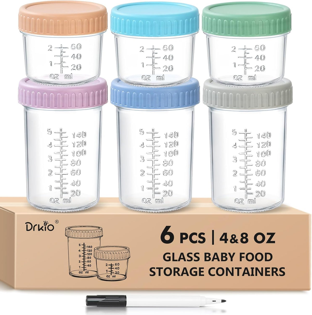 6 Pack Glass Baby Food Storage Containers - 4 & 8 oz Baby Food Jars