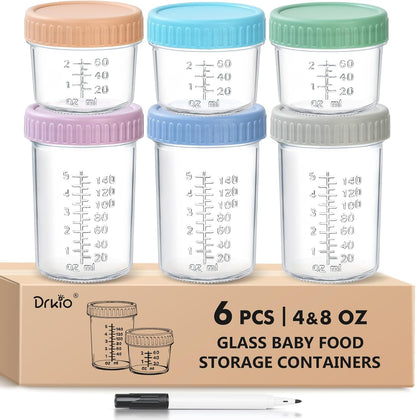6 Pack Glass Baby Food Storage Containers - 4 & 8 oz Baby Food Jars