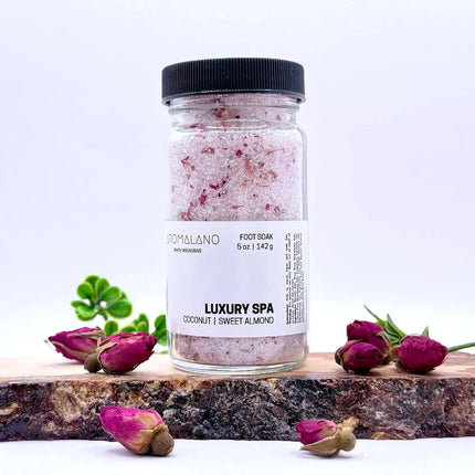 Luxury Spa Foot Soak, Coconut and Sweet Almond, Epsom and Pink Himalayan Salts with Shea Butter, Aloe, and Dried Rose Petals, 5 oz Jar