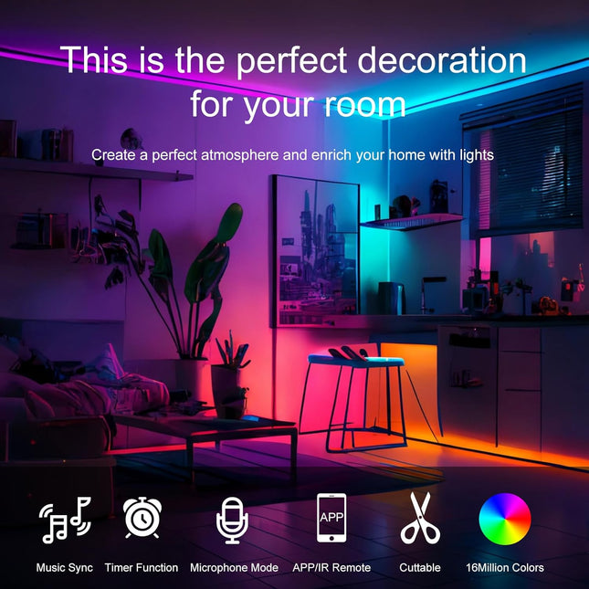 Led Lights for Bedroom 200 FT (2 Rolls 100 FT), with Remote and Application Control RGB Color Changing - photo 2