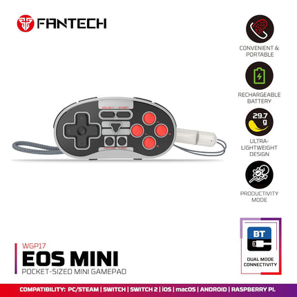 FANTECH Mini Retro Bluetooth Controller Keychain Sized Portable Gamepad for Nintendo Switch, PC, Android and macOS (gray)