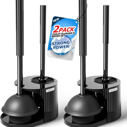FORASTO 2Pack 2 in 1 Toilet Brush and Plunger Set, Extended Handle Plunger,Toilet Bowl Brush Plunger Set,Bathroom Cleaning Tools,Toilet Brush Plunger Combo,Cleaning Supplies，Black