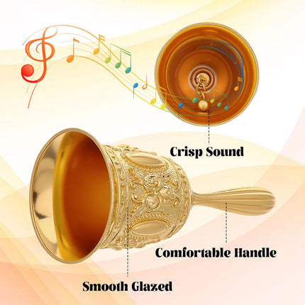 Gold Vintage Engraved Hand Bell, Super Loud Alloy Copper Bell, Multi-Purpose Gold Bells for Wedding, Dinner, Classroom, Meditation