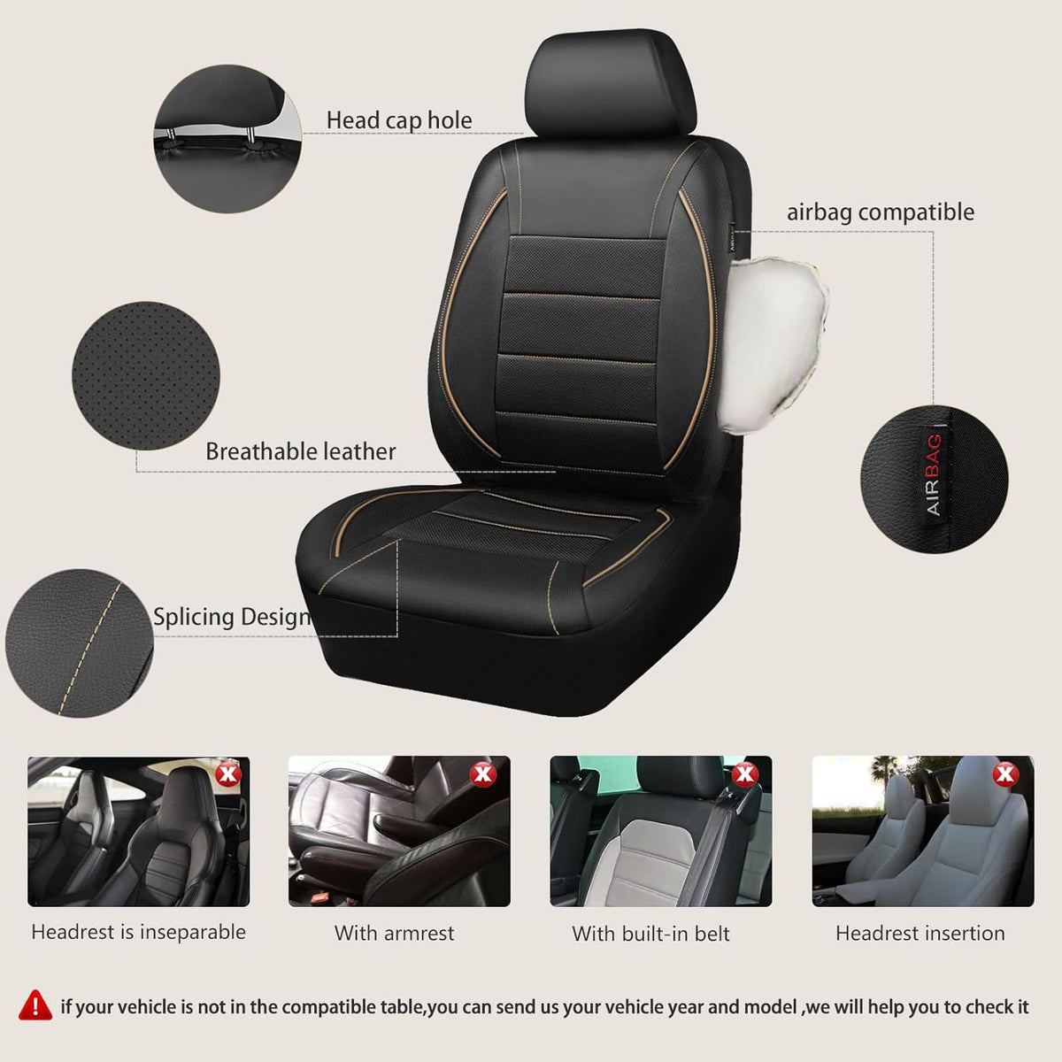 Universal FIT Piping Leather Car Seat Cover, for suvs,Van,Trucks,Airbag Compatible,Inside Zipper Design - photo 3
