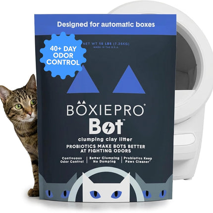 BoxiePro Bot Probiotic Cat Litter for Automatic Litter Boxes, 40+ Day Odor Control, Clumping Clay Kitty Litter, Odor Eliminating Probiotics, Low Dust, No Fragrances, 16 lb