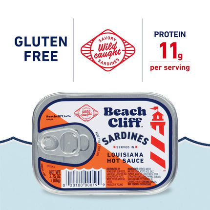 Beach Cliff Wild Caught Sardines in Louisiana Hot Sauce, 3.75 oz Can - 14g Protein per Serving - Gluten Free, Keto Friendly