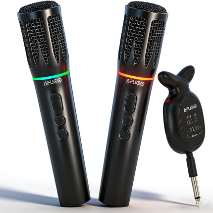 Wireless Microphone Set, 2 Rechargeable Handheld Wireless Mics with Bluetooth Receiver, RGB Light, 200FT Range, 24H Battery, Volume Control, 3 Sound Effects, for Karaoke, Singing, Speech