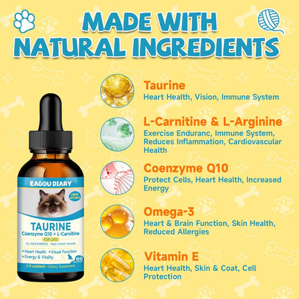 Taurine for Cats Drop - Taurine Supplement for Cats, Supports Feline Heart & Immune Function, Vision, Energy & Vitality, Coenzyme Q10, L-Carnitine, L-Arginine, Vitamin, Liquid Cat Taurine 60ML