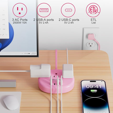 Pink Extension Cord with Surge Protected 1080J - 5 FT Kawaii Power Strip, 1625W Cute Extension Cord with 3 AC Outlet 4 USB (24W/4.8A), Compact for Cute Pink Kawaii Desk Home Essentials