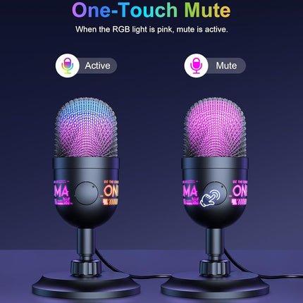 USB Gaming Microphone, RGB Condenser Mic for PC PS4 PS5 Mac, Plug & Play, Tap to Mute, Gain Control, Zero-Latency Monitoring for Streaming Podcasting Recording