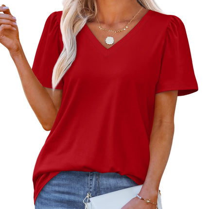 T Shirts for Women V Neck Dressy Casual Blouses Puff Short Sleeve Summer Tops Loose Fit