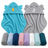 2 Pack Hooded Baby Towel Rayon Made from Bamboo and 8 Washcloths - Lovely Elephant, Happy Bird