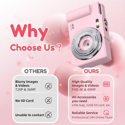 Digital Camera, FHD 4K Digital Point and Shoot Camera with 16X Zoom Anti Shake, 48MP Compact Small Camera with 32GB Card for Boys Girls Kids Shell Pink