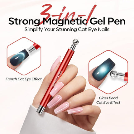 modelones Cat Eye Magnet for Nails, 3-in-1 Red Cateye Gel Polish Magnet Pen & Heart-Shaped Magnet & Ball &Hole &Lightning Magnet Multi-Effect Magnets for Mother's Nail Art Lovers DIY Salon