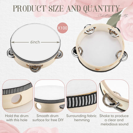 100 Pcs 6 Inch Wedding Tambourine Bulk Drum for Adults Hand Held Percussion Gift Wooden Metal Jingles Musical Educational Drum Instrument for Church Wedding Party Favor