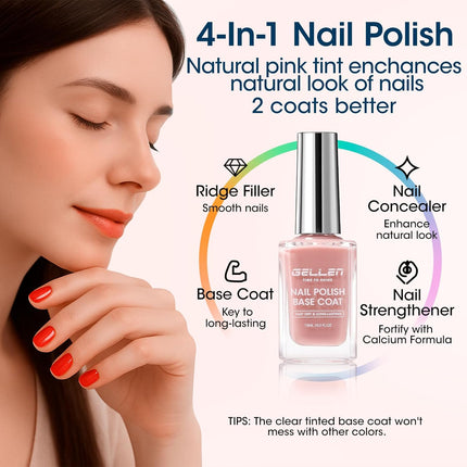 GELLEN Clear Nail Polish Base Top Coat, Quick Air Dry No Wipe Shine Top Coat & Sheer Natural Pink Tinted Base Coat | Non-gel Regular Nail Polish Strengthen Nails with Calcium, Toxin TPO HEMA Free