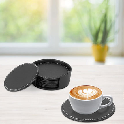 Leather Coasters Set of 6, Handmade Round Coaster for Drinks, Waterproof Non-Slip Heat Resistant Cup Mats for Coffee Table, Bar, Kitchen & Office, Protect Furniture from Watermark (Black)