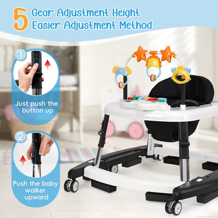 5 in 1 Baby Walker Foldable Music and Lights with 5 Adjustable Heights, Baby Walker with Wheels Portable, Infant Toddler Walker for Baby Boy Girls 6-18 Months (Black)