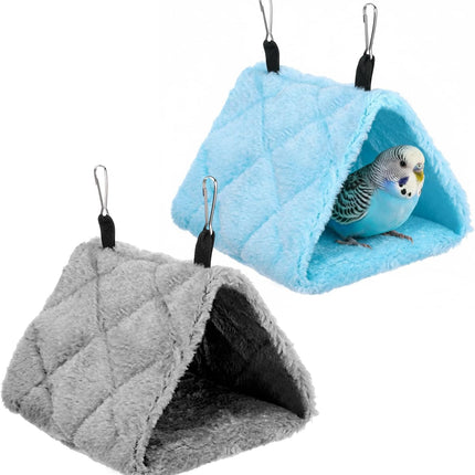 2 Pack Warm Bird Nest House, Triangle Shed Hut Parrot Sleeping Bed, Solid Color Blue Grey Hanging Cage Hammock, Birds Snuggle Cave Hideaway Tent Plush for Hamster Parrot Macaw Budgies Eclectus
