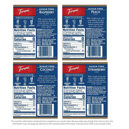 Torani Sugar Free Flavored Drink Syrup Soda Flavors Variety Pack, Raspberry, Coconut, Strawberry & Peach, 25.4 fl oz, (Set of 4)