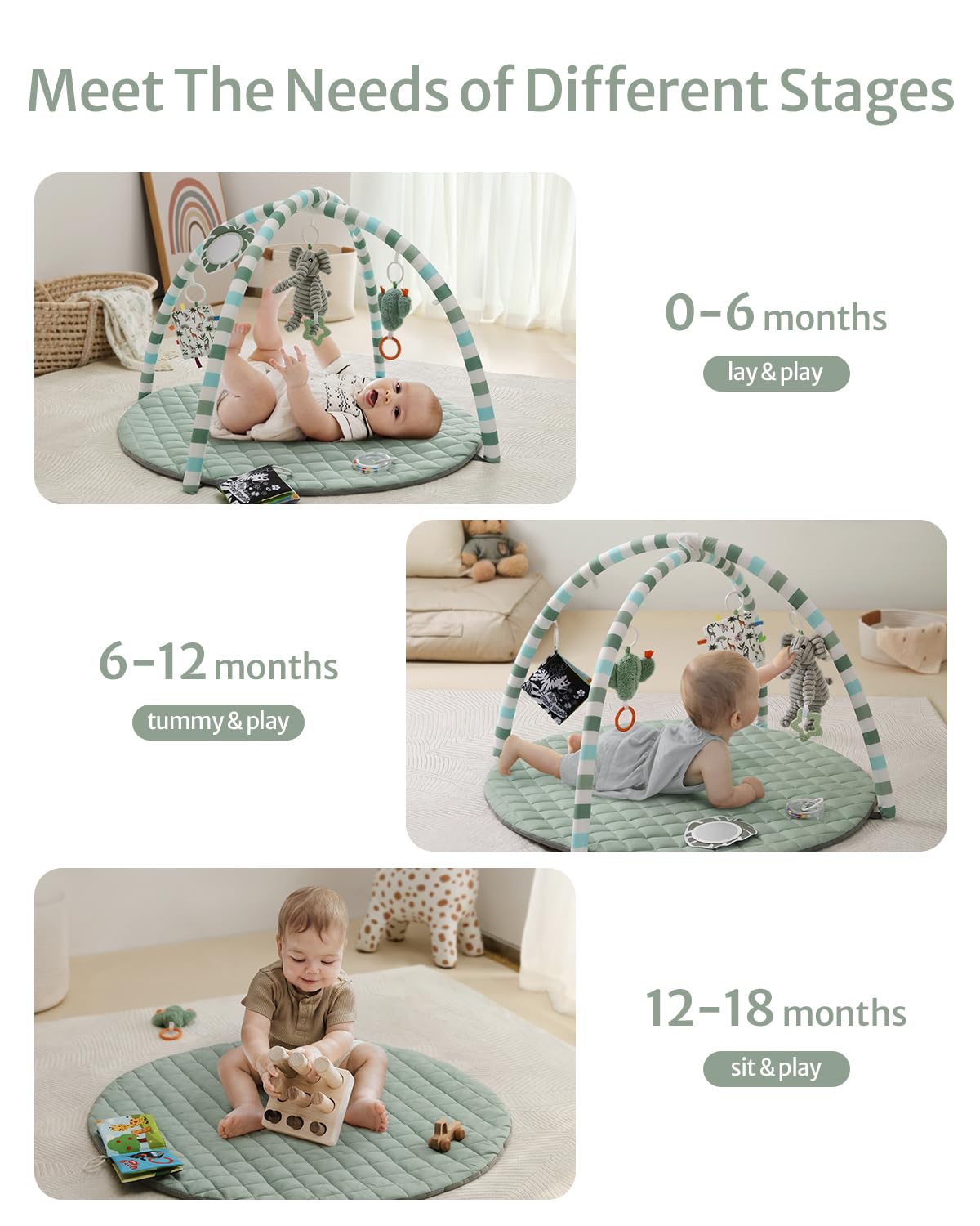 Sage Green Baby Play Gym Mat with 6 Detachable Toys - photo 5