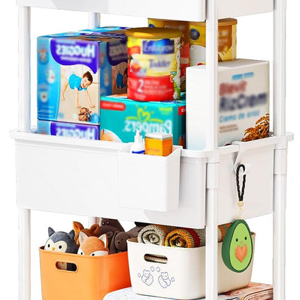 Baby Diaper Caddy Cart, 3 Tier Rolling Diaper Cart with Lockable Wheels for Nursery Essentials, Large Capacity & Easy Assemble Diaper Storage Organizer for Newborn,New Mom, White