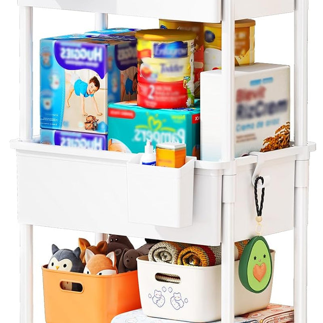 Baby Diaper Caddy Cart, 3 Tier Rolling Diaper Cart with Lockable Wheels for Nursery Essentials, Large Capacity & Easy Assemble Diaper Storage Organizer for Newborn,New Mom, White