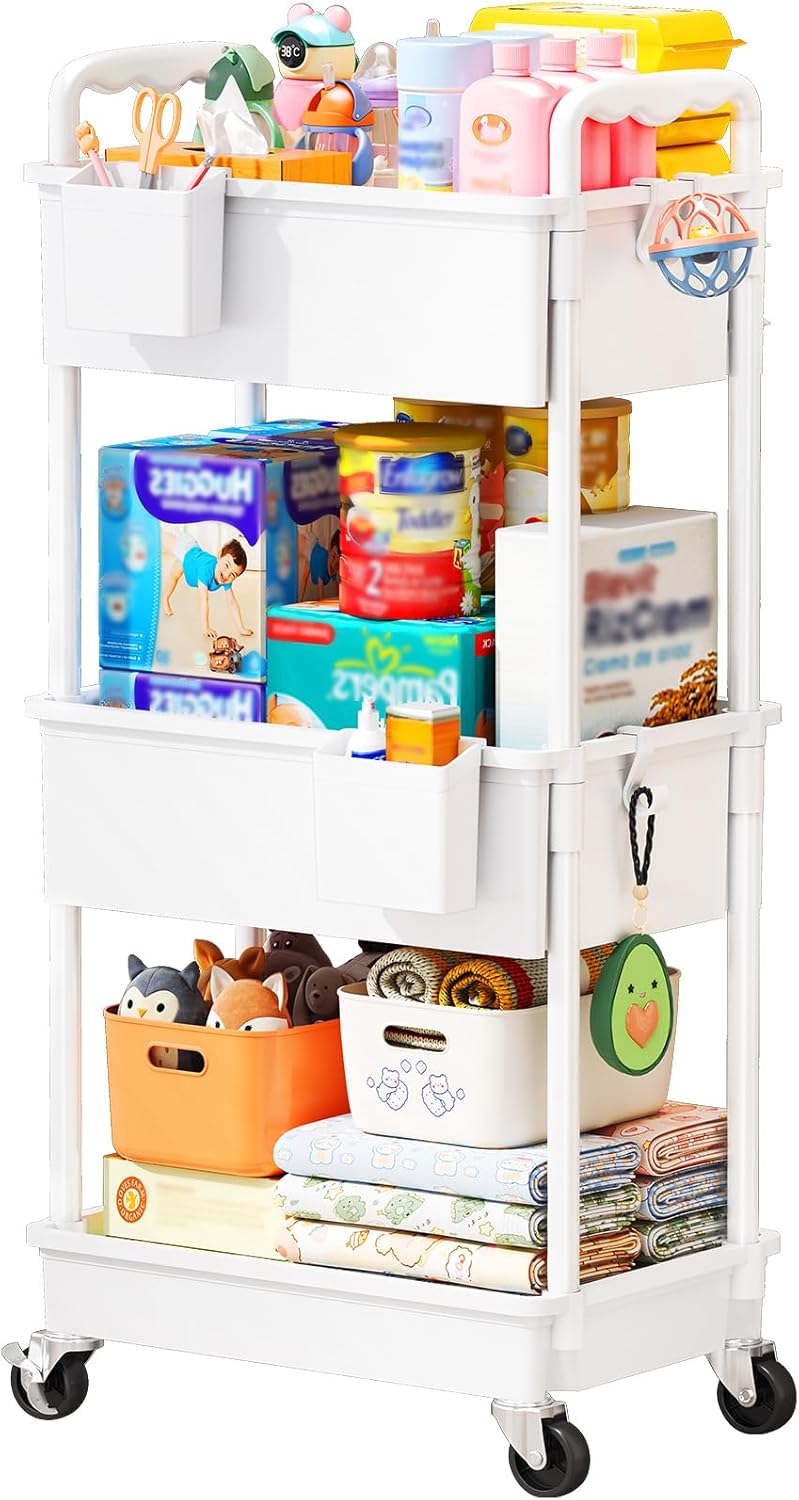 Baby Diaper Caddy Cart, 3 Tier Rolling Diaper Cart with Lockable Wheels for Nursery Essentials, Large Capacity & Easy