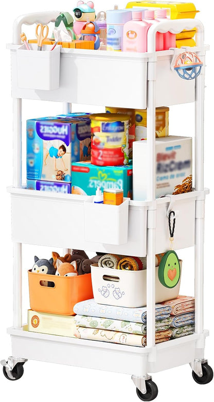 Baby Diaper Caddy Cart, 3 Tier Rolling Diaper Cart with Lockable Wheels for Nursery Essentials, Large Capacity & Easy