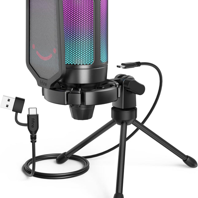 Gaming USB Microphone for PC PS5, Condenser Mic with Quick Mute, RGB Indicator, Tripod Stand, Pop Filter, Shock Mount