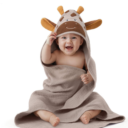 Muslin Baby Hooded Towel 2 Pack, Soft & Absorbent Bath Towel for Infant, Toddler, Unisex, Baby Gift, Newborn Essentials, Bear & Lamb