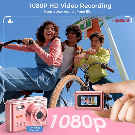 HOTU Mini Keychain Digital Camera, Y2K Pocket-Size Mini Camera, 2MP 1080P Small Camera with 32GB Card, Video Recorder with Long Battery Life for Travel, Party and Vlog (Rose Gold)