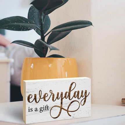 Everyday is a Gift Rustic Wooden Block Sign, 5x3 Inch Positive Inspirational Wood Plaque, Farmhouse Home Decor for Desk Tabletop Shelf, Housewarming Christmas Gift for Friends Family - A14