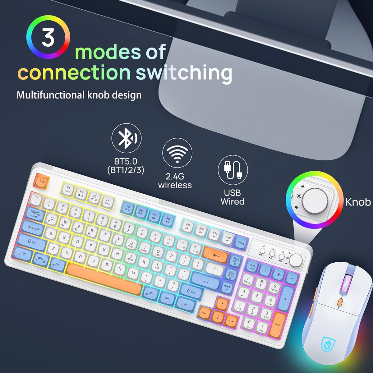 Wireless Rechargeable Backlit Keyboard and Mouse Combo, RGB White Keyboard with 98 Keys, Dual Color - photo 2
