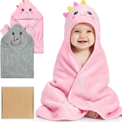 2 Pack Hooded Baby Towels for Newborn, Coral Fleece Baby Bath Towel for Newborn Infant Toddler, Ultra Soft & Lightweight Baby Bath Towels Baby Bath Essentials