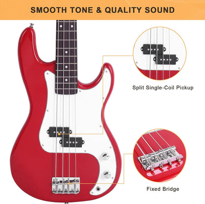 Full Size 4 String Electric Bass Guitar, Red Fire Style - photo 4