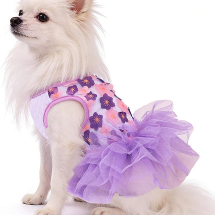Dog Dress, Fashion Puppy Tutu Princess Dresses for Small Dogs Girl, Sweet Skirt with Dog Bowknot Clips, Spring Dog Cat Clothes Pet Apparel (Purple Floral Dress, XXX-Small)