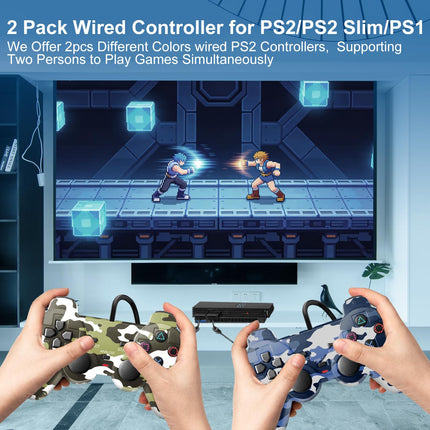 ADHJIE PS2 Controller, 2 Packs Wired Controller Compatible with PS2/PS2 Slim/PS1/PC Windows, Replacement Wired PS2 Controller with Dual Shock Vibration, Plug and Play