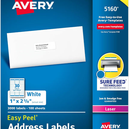 Printable Address Labels, 1" x 2-5/8" Customizable Stickers, White, 3,000 Blank Mailing Labels, Great for Mailing, Shipping, and More